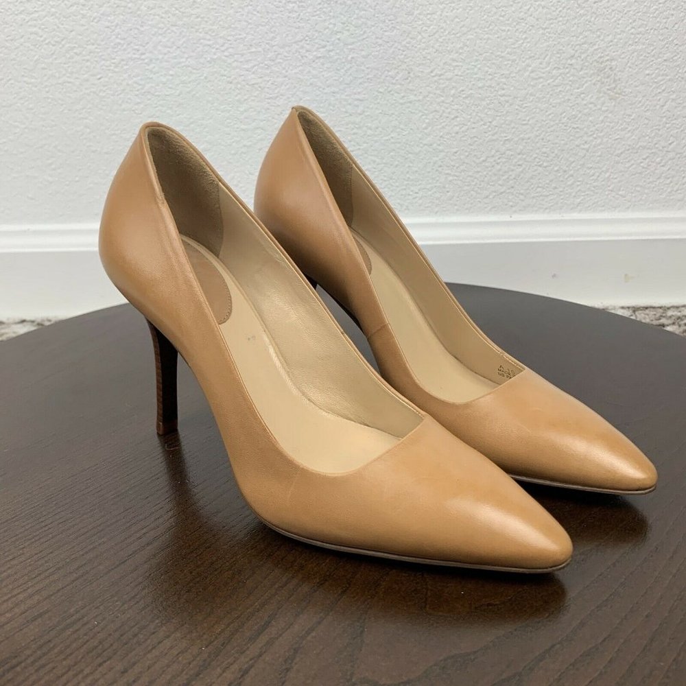 Cole Haan Women's 7 B Camel Tan Leather Stiletto Wood Block Heels Pumps